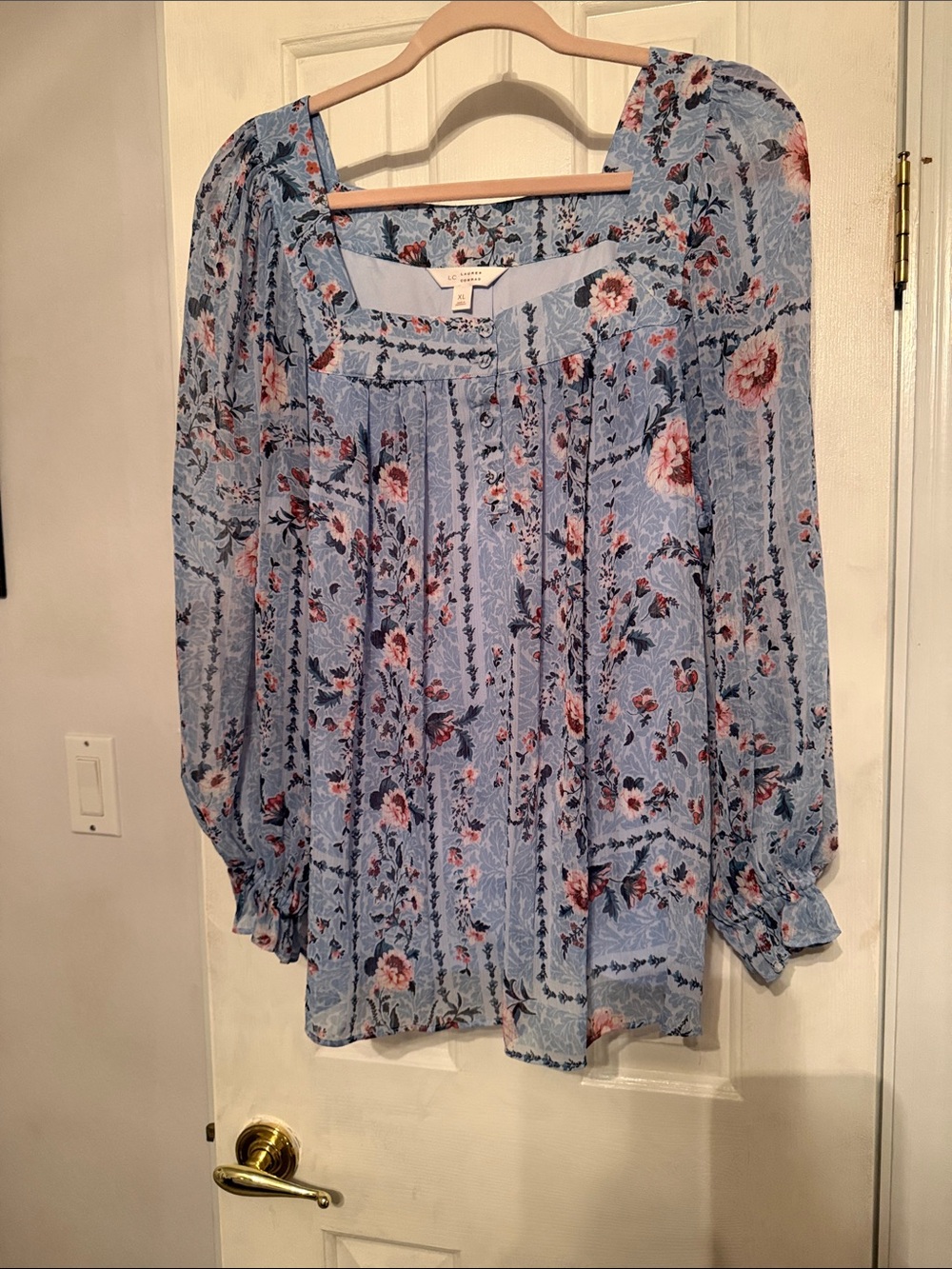 Lauren Conrad Light Blue Floral Square-Neck Peasant Blouse with Long Sleeves